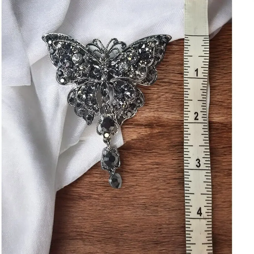 Smokey Crystal Butterfly Brooch Antique Tone Art Deco Style Dangle – Dark Glam